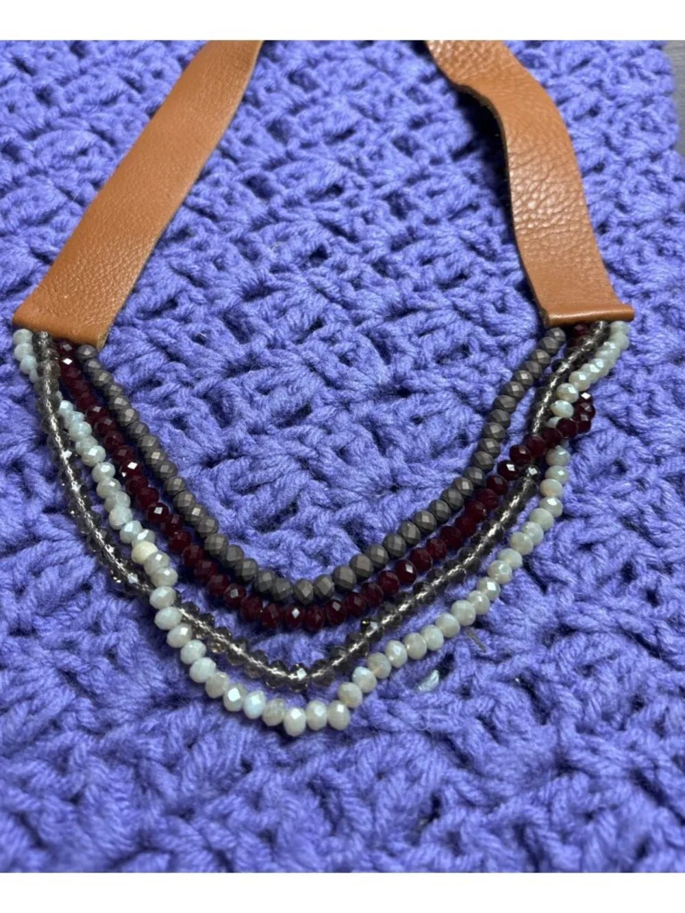 Brown Leather Necklace Multi Strand Multicolor Faceted Glass Beaded 24 - 25 inch